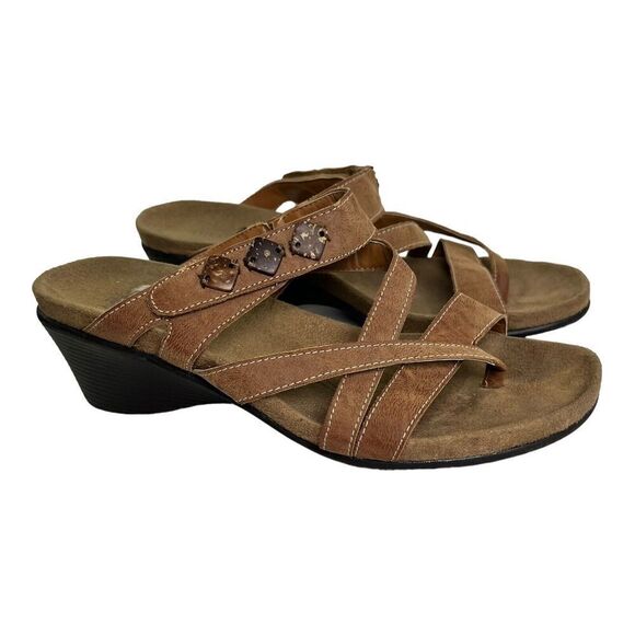 Nicole Albany Woman’s Size 8.5 Strappy Thong Slip On Wedge Sandals Brown Shell - Picture 1 of 13